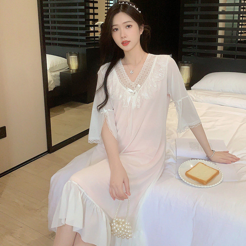 莫代尔睡裙女夏季公主蕾丝边小仙女睡衣甜美宫廷性感家居服可外穿