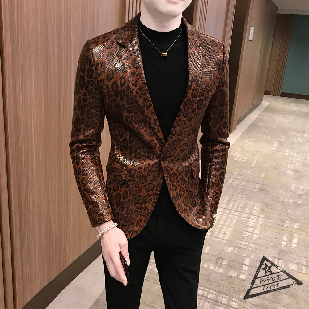 皮西装男韩版修身长袖豹纹小西服个性空气皮免烫拼色帅气演出西装|ruв категории Мужская одежда, костюм - от Buy2taobao.com для оказания профессиональной услуги покупки агента Taobao