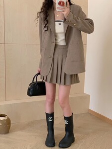 秋季时髦高端百褶裙西装套装女韩版宽松时尚外套高腰A字裙两件套