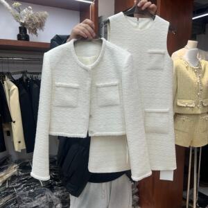 2025春季修身显瘦小香风外套＋修身无袖背心连衣裙两件套时尚套装