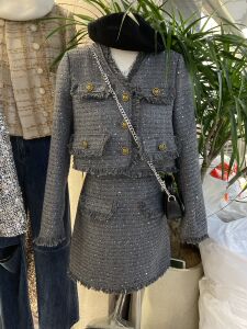 高级感重工亮片小香风套装短裙女秋季修身羊毛呢外套A字裙两件套