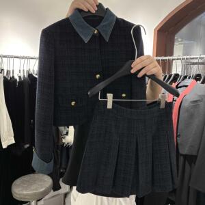 羊毛呢西装领小香风立领外套百褶裙套装女秋季设计感一套搭配上衣