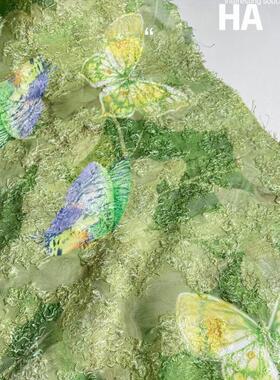 半米绿色蝴蝶提花面料 设计师连衣裙旗袍布料 发饰DIY印花手工布