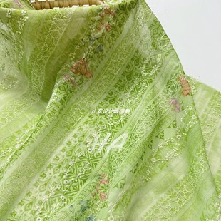 仿天丝绿色绣花提花面料 国风旗袍连衣裙女装设计师童装印花布料