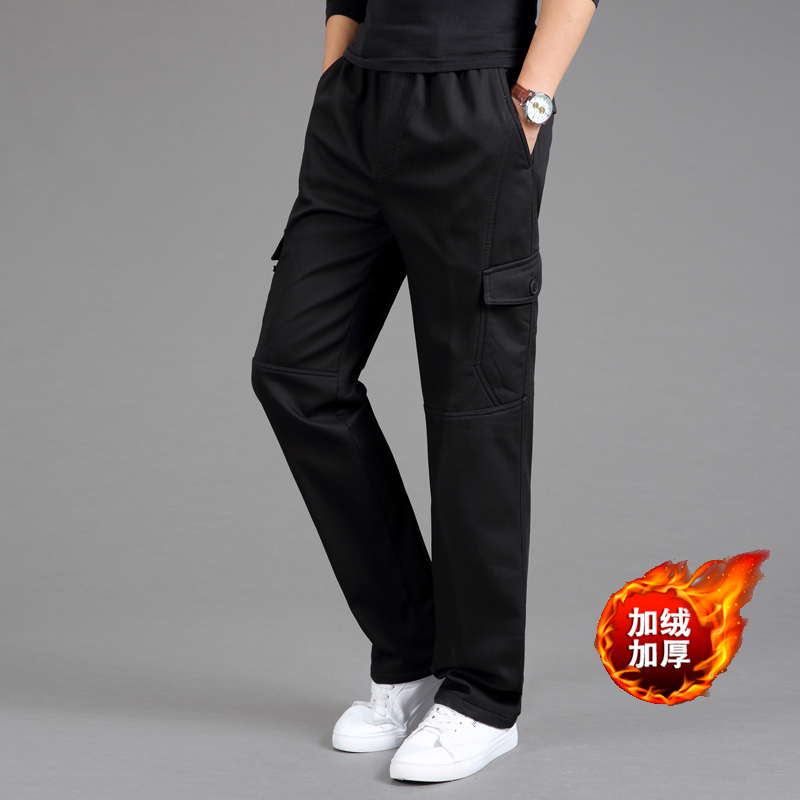 Winter men's Multi Pocket casual pants thickened Plush baggy pants oversized overalls