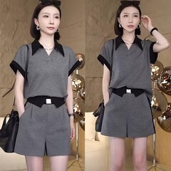 欧货小众设计感夏季穿搭一整套女撞色翻领T恤短裤休闲运动两件套