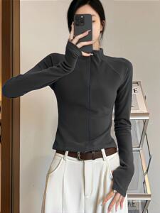 欧货立领拉链长袖T恤女早春新款双面德绒内搭修身显瘦打底衫上衣