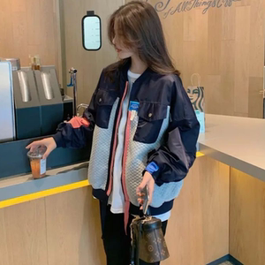 潮牌撞色拼接棒球服外套女2021秋冬小个子拉链开衫夹克风衣欧货潮