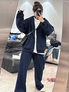 韩版休闲运动套装女秋冬新款藏青色宽松连帽卫衣百搭阔腿裤两件套