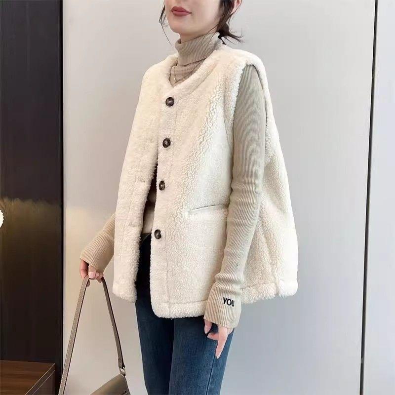 韩版休闲宽松仿羊羔毛马甲女秋冬新款百搭颗粒绒加厚加绒马夹外套