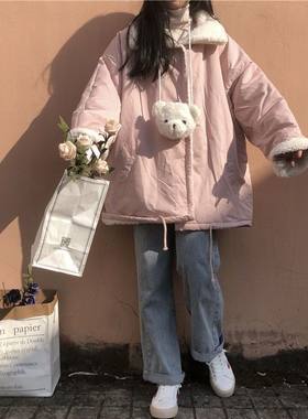 冬季两面穿棉服翻领外套女学生韩版宽松仿羊羔绒学院风加厚棉衣潮
