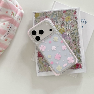 乐思茉 iPhone粉色幸运四叶草方形壳透底日韩风ins风简约小清新高级iPhone手机壳苹果17pm适用