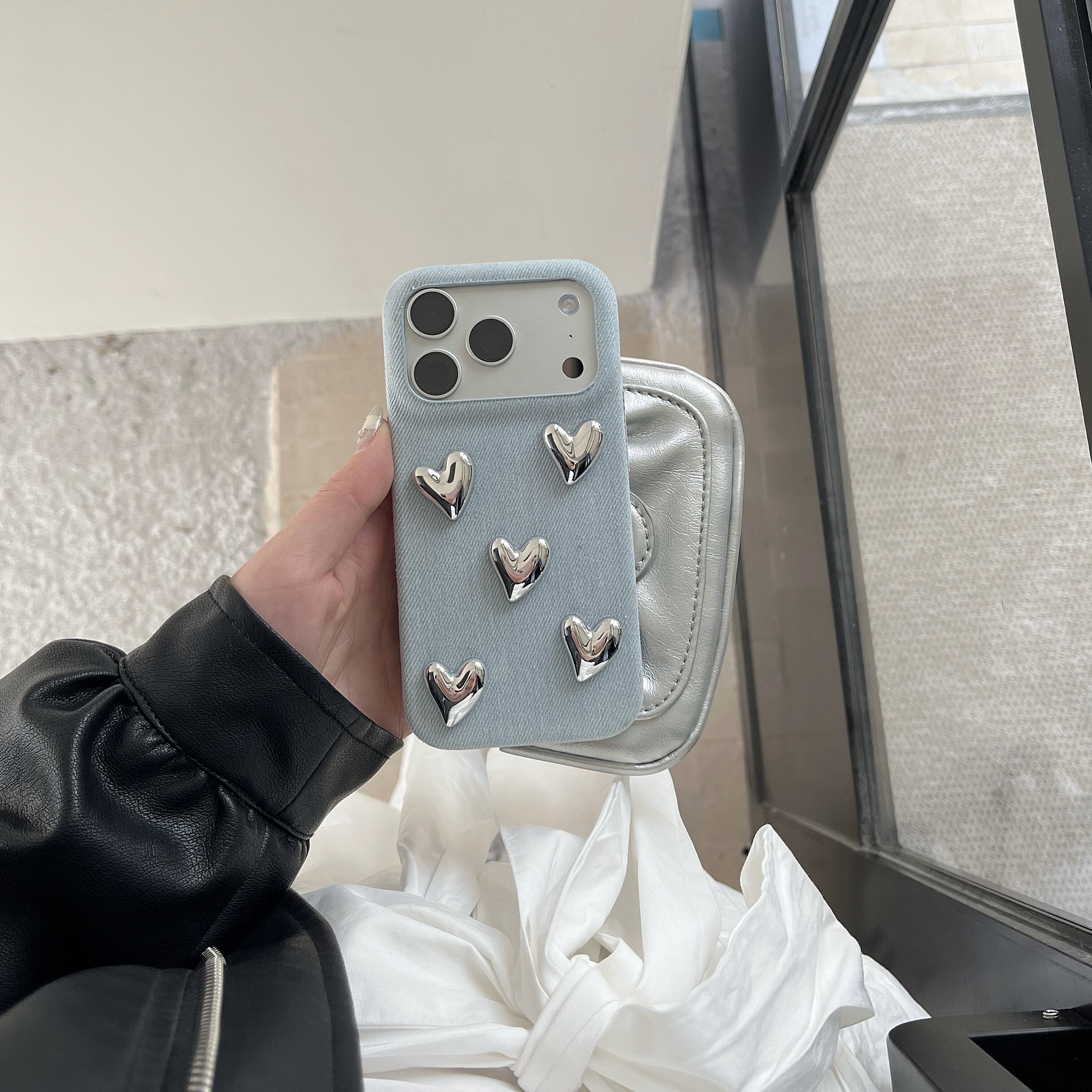 iPhone水洗蓝牛仔布银色星星简约高级手机壳ins风个性不撞款爱心蝴蝶丝带装饰电镀苹果17pm适用