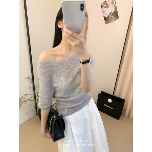 希宥HOUSE 一体收腰一字肩纯欲百搭显瘦套头针织衫（含100羊毛）