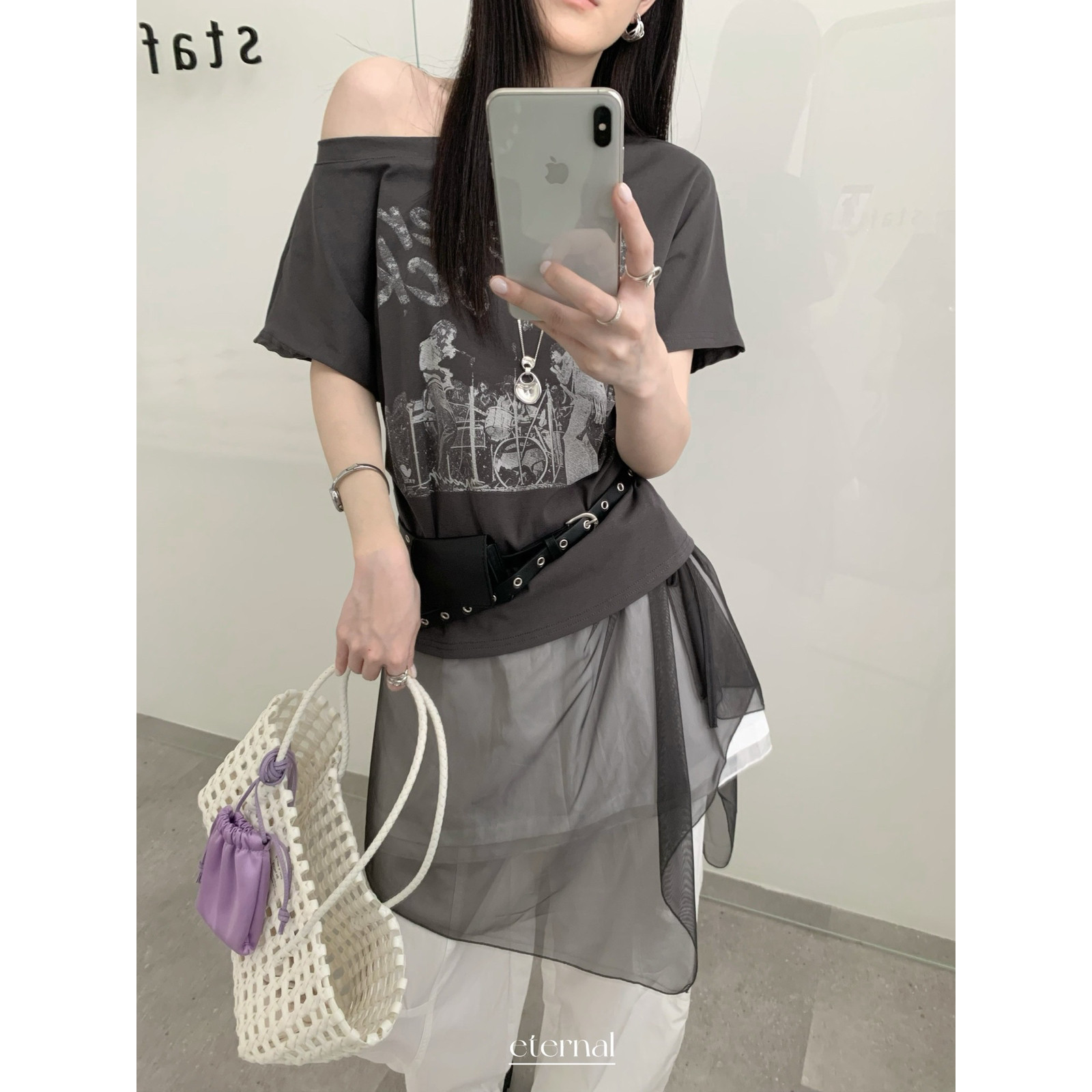 希宥HOUSE 韩系短袖t恤灰色高级感美式设计感露肩斜肩上衣短袖T恤