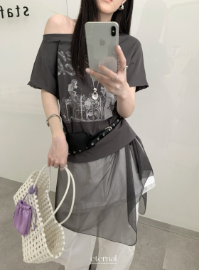 希宥HOUSE 韩系短袖t恤灰色高级感美式设计感露肩斜肩上衣短袖T恤