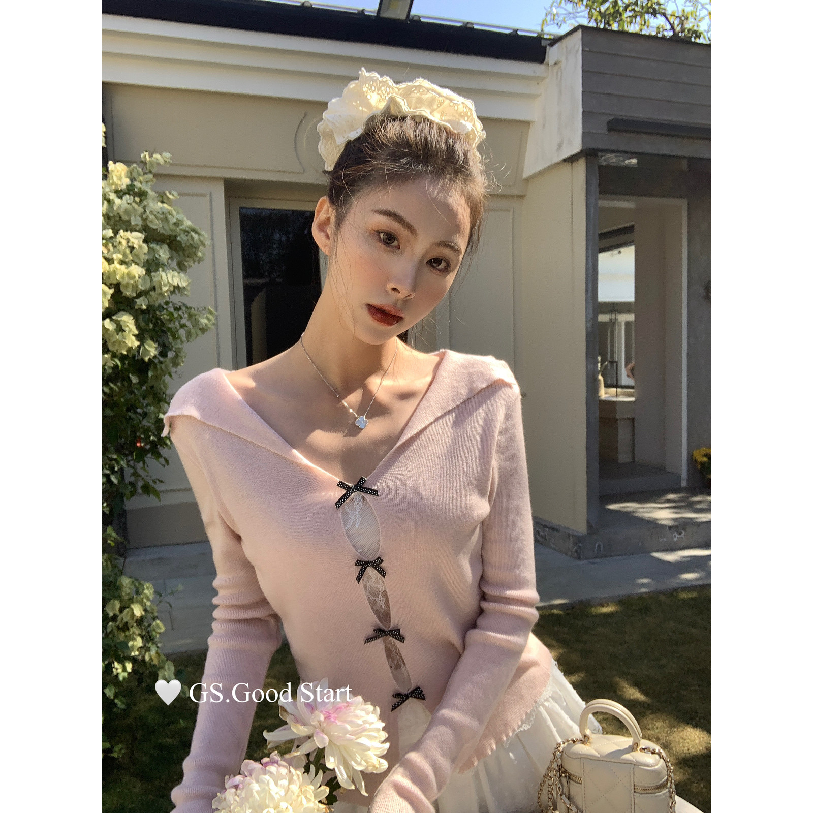 希宥HOUSE 早春发财蝴蝶结法式芭蕾风蕾丝拼接针织小衫甜美短款,女装/女士精品,毛针织衫,淘宝优惠券,粉丝福利购,淘宝优惠卷