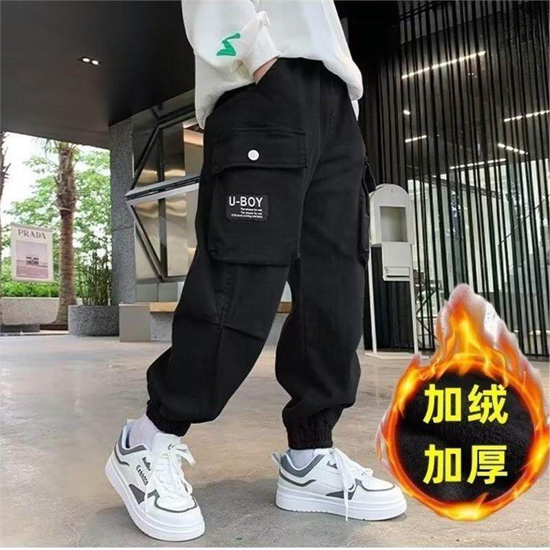 儿童装男童冬装一体绒裤子2023新款中大童男孩秋冬季加绒工装裤潮