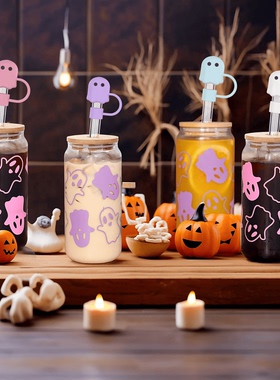 万圣节幽灵吸管塞鬼头硅胶吸管盖节日派对吸管杯配件蝙蝠气氛防尘