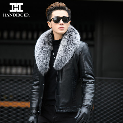绵羊皮皮毛一体男皮夹克修身短款