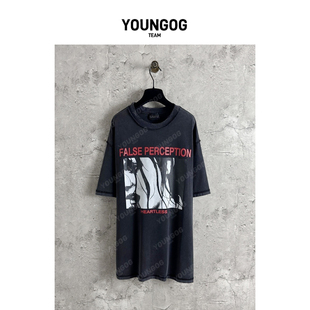 YOG【False Perception复古印花】潮牌美式街头男女同款宽松T恤