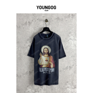 YOG【False Perception圣徒印花】潮牌美式街头男女同款宽松T恤