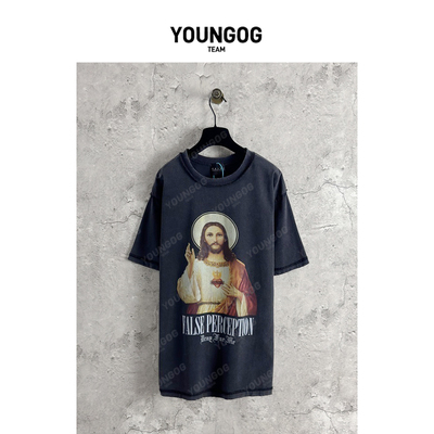 YOG【False Perception圣徒印花】潮牌美式街头男女同款宽松T恤