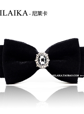 纯手工韩式纯黑色金丝绒镶钻新郎司仪领结舞台宴会个性特色堡呔闪