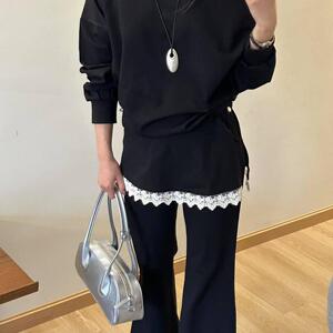 意法花边拼接屁帘假两件微喇修身辣妹显瘦休闲裤长裤百搭微喇裤
