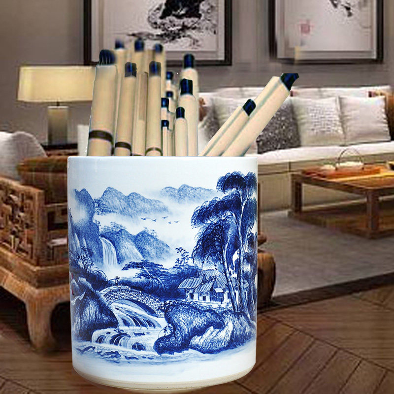 景德镇陶瓷手绘青花瓷书画缸卷轴缸箭筒新中式超大摆设桶画缸字画