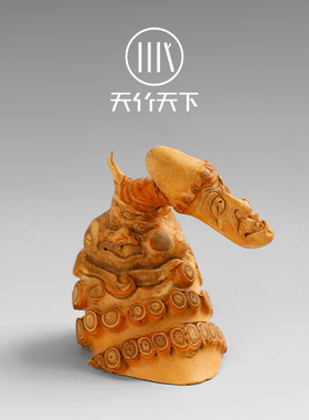 纯手工竹根雕异形双头脸人物摆件