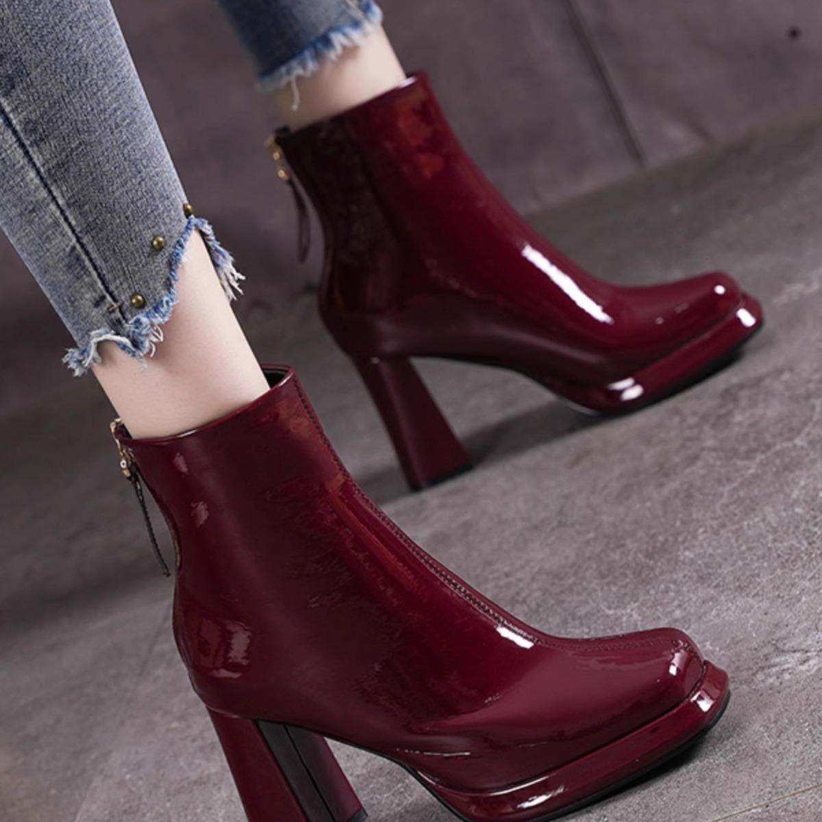 粗跟方头高跟靴2025冬季新款亮皮马丁靴短筒时装靴防水台短靴厚底,女鞋,时装靴,淘宝优惠券,粉丝福利购,淘宝优惠卷