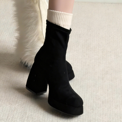 复古粗高跟黑色绒面短靴女2025冬季新款百搭加绒保暖弹力瘦瘦靴子