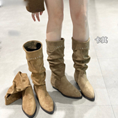 羊京绒皮高筒骑士靴2025冬季 新款 粗跟尖头长靴中筒百搭内增高靴子