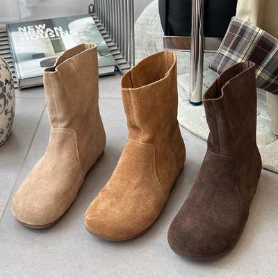 磨砂牛皮韩系复古圆头套筒短靴女靴2025新款秋冬休闲平底中筒靴子