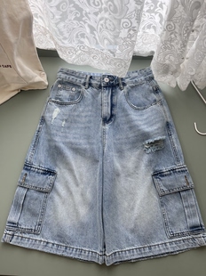 大口袋 破洞七分牛仔裤 2026夏季 纯棉小个子工装