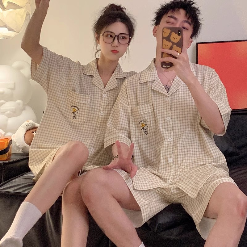韩版ins夏季宽松卡通史努比格子情侣睡衣女款翻领短袖家居服套装