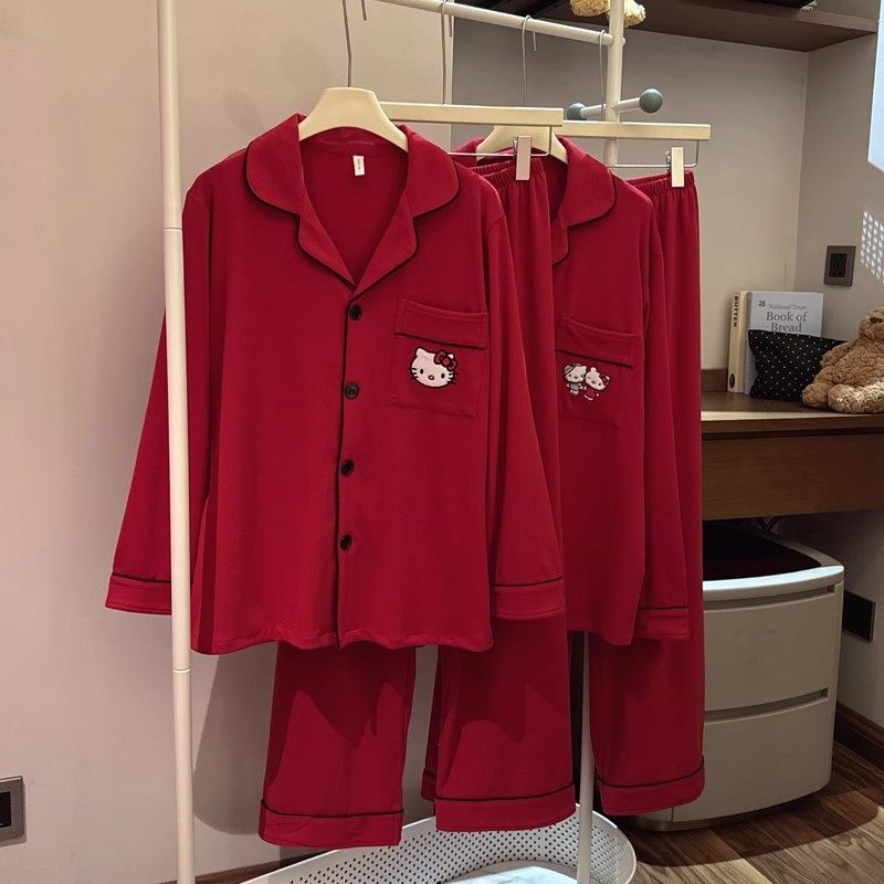 两件情侣睡衣女春秋季长袖长裤新婚结婚家居服红色过年睡衣套装男