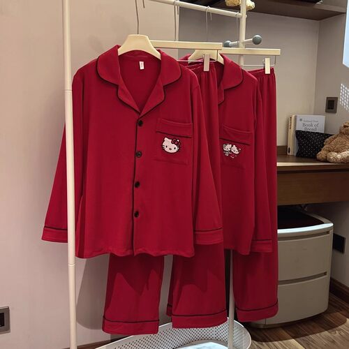 两件情侣睡衣女春秋季长袖长裤新婚结婚家居服红色过年睡衣套装男