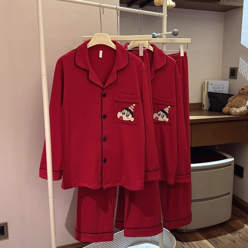 两件情侣睡衣女春秋季长袖长裤新婚结婚家居服红色过年睡衣套装男