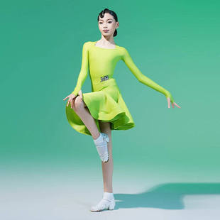 MR儿童拉丁舞服秋季新款坎肩式绿色方领长袖规定服赛服日常练功服