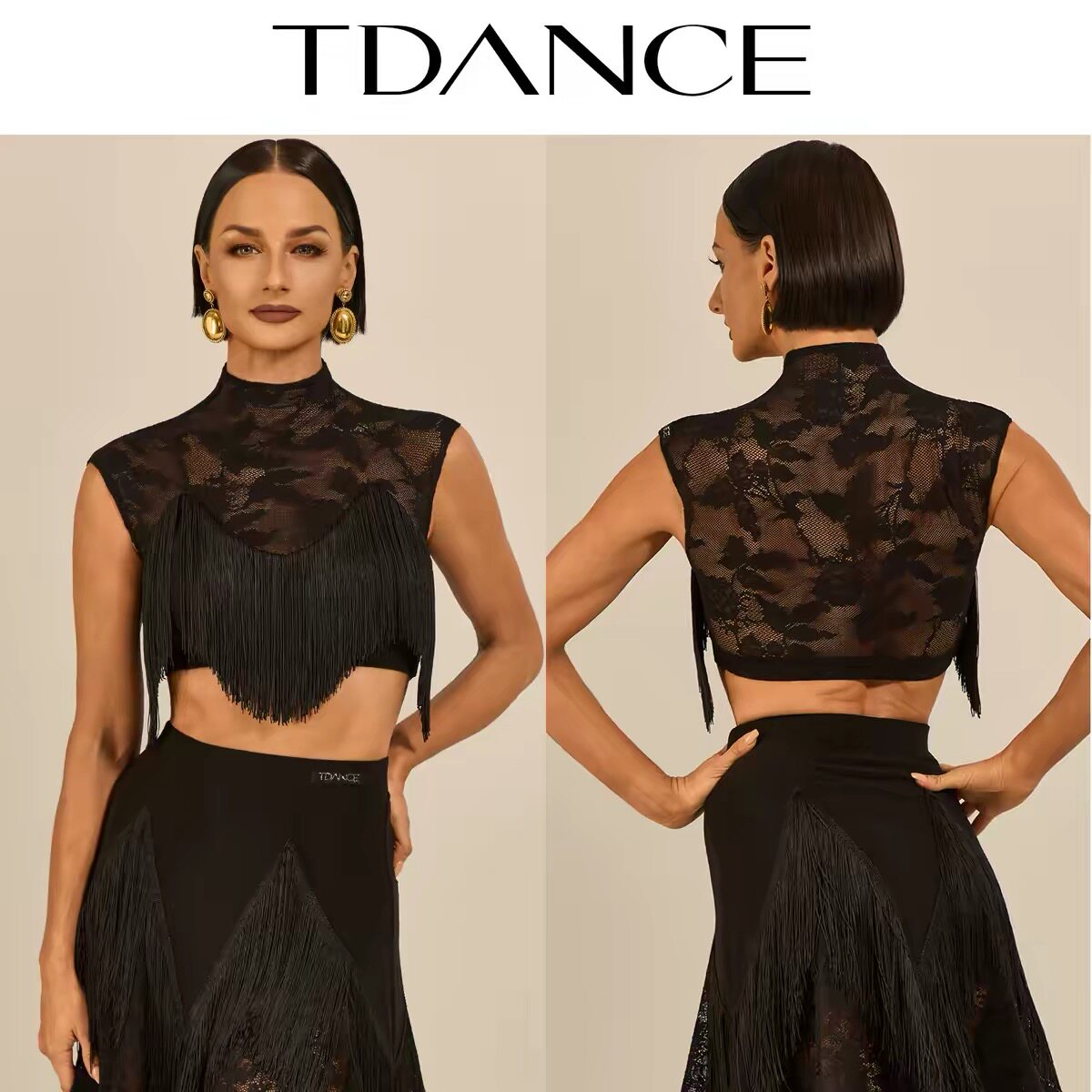 TDANCE拉丁练习蕾丝流苏上衣短款