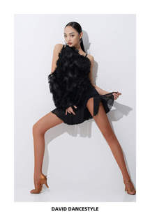 DAVID舞服女士拉丁舞服羽毛露肩上衣流苏开叉裙服贵气感套装练习