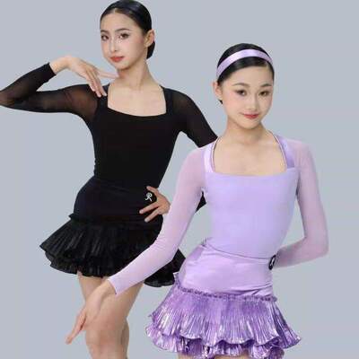 Rdesign拉丁舞服新款少儿闪光百褶短裙分体套装专业表演比赛服女