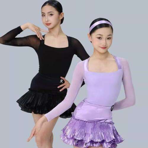 Rdesign拉丁舞服新款少儿闪光百褶短裙分体套装专业表演比赛服女