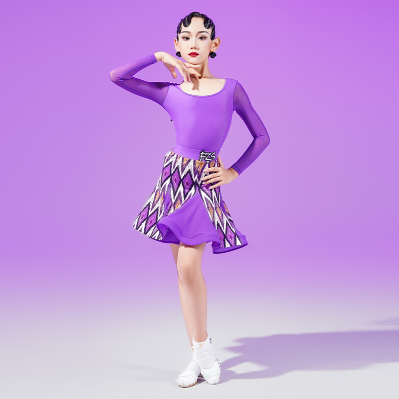 FZS舞服女童拉丁舞练功服悠悠同款民族风网纱氨纶拼接班服表演紫