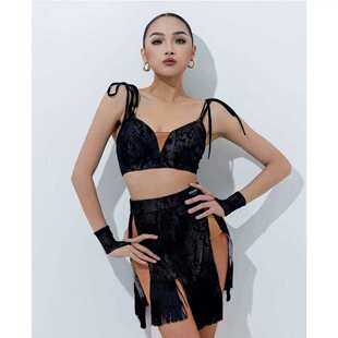 DAVID2025女士拉丁舞练习服蛇纹开叉碎片裙摆流苏吊带