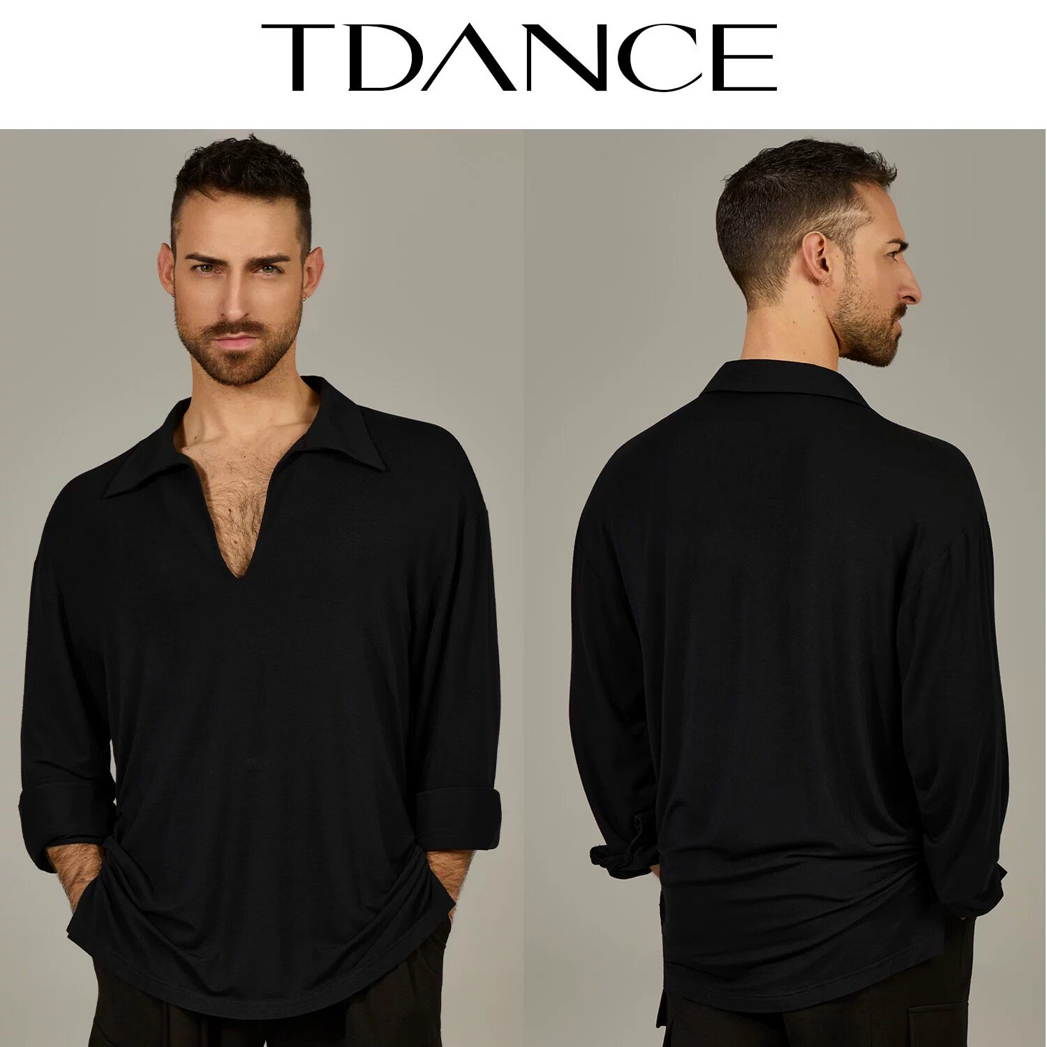TDANCE男士拉丁舞服翻领V口长袖