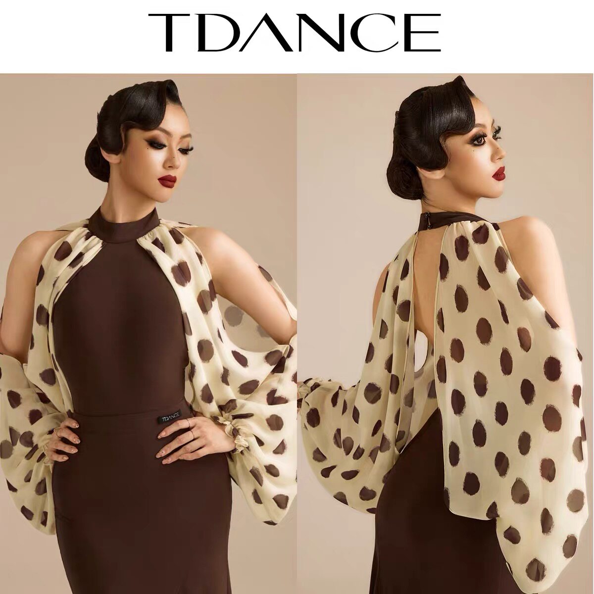TDANCE国标舞摩登挂脖灯笼袖连体