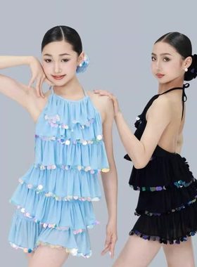 Rdesign少儿拉丁舞服新款挂脖人鱼亮片连衣裙日常百搭分体练功服